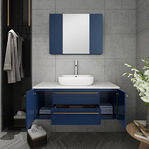Image of Fresca Lucera Modern 42" Royal Blue Wall Hung Vessel Sink Bathroom Vanity Set | FVN6142RBL-VSL FVN6142RBL-VSL