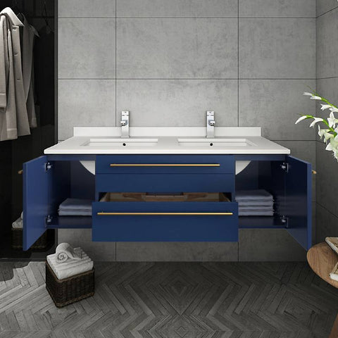 Image of Fresca Lucera Modern 48" Royal Blue Wall Hung Double Undermount Sink Bathroom Vanity | FCB6148RBL-UNS-D-CWH-U FCB6148RBL-UNS-D-CWH-U