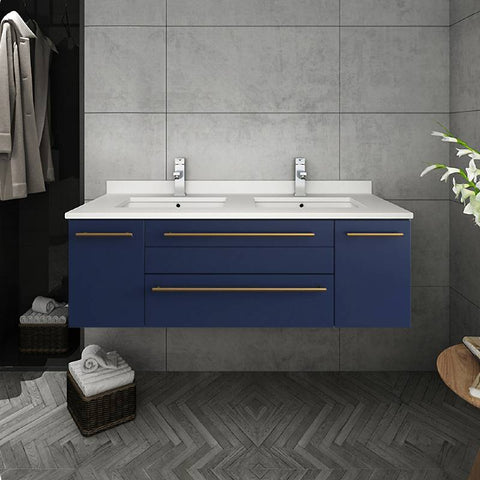Image of Fresca Lucera Modern 48" Royal Blue Wall Hung Double Undermount Sink Bathroom Vanity Set | FVN6148RBL-UNS-D