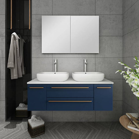 Image of Fresca Lucera Modern 48" Royal Blue Wall Hung Double Vessel Sink Bathroom Vanity Set | FVN6148RBL-VSL-D FVN6148RBL-VSL-D