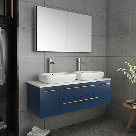 Image of Fresca Lucera Modern 48" Royal Blue Wall Hung Double Vessel Sink Bathroom Vanity Set | FVN6148RBL-VSL-D FVN6148RBL-VSL-D