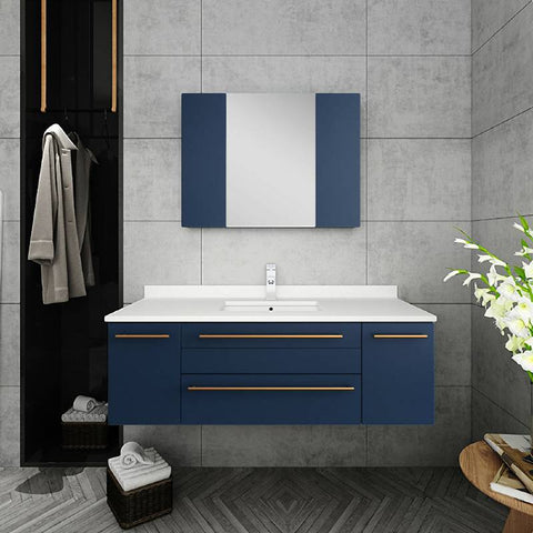 Image of Fresca Lucera Modern 48" Royal Blue Wall Hung Undermount Sink Bathroom Cabinet | FCB6148RBL-UNS FCB6148RBL-UNS