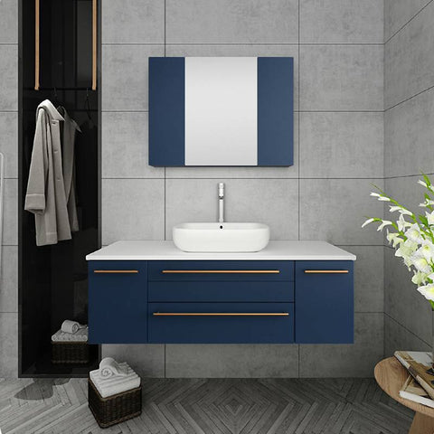 Image of Fresca Lucera Modern 48" Royal Blue Wall Hung Vessel Sink Bathroom Cabinet | FCB6148RBL-VSL