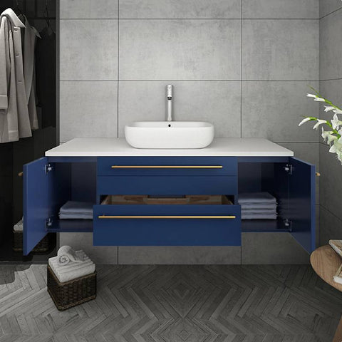 Image of Fresca Lucera Modern 48" Royal Blue Wall Hung Vessel Sink Bathroom Vanity | FCB6148RBL-VSL-CWH-V