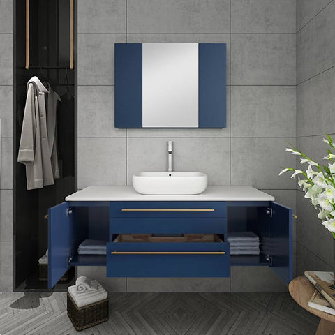Image of Fresca Lucera Modern 48" Royal Blue Wall Hung Vessel Sink Bathroom Vanity Set | FVN6148RBL-VSL