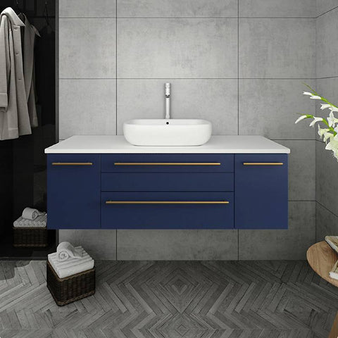 Image of Fresca Lucera Modern 48" Royal Blue Wall Hung Vessel Sink Bathroom Vanity Set | FVN6148RBL-VSL FVN6148RBL-VSL
