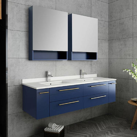 Image of Fresca Lucera Modern 60" Royal Blue Wall Hung Double Undermount Sink Bathroom Vanity | FCB6160RBL-UNS-D-CWH-U FCB6160RBL-UNS-D-CWH-U