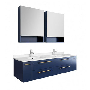 Fresca Lucera Modern 60" Royal Blue Wall Hung Double Undermount Sink Bathroom Vanity Set | FVN6160RBL-UNS-D