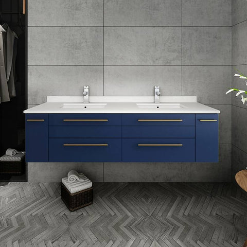 Image of Fresca Lucera Modern 60" Royal Blue Wall Hung Double Undermount Sink Bathroom Vanity Set | FVN6160RBL-UNS-D FVN6160RBL-UNS-D