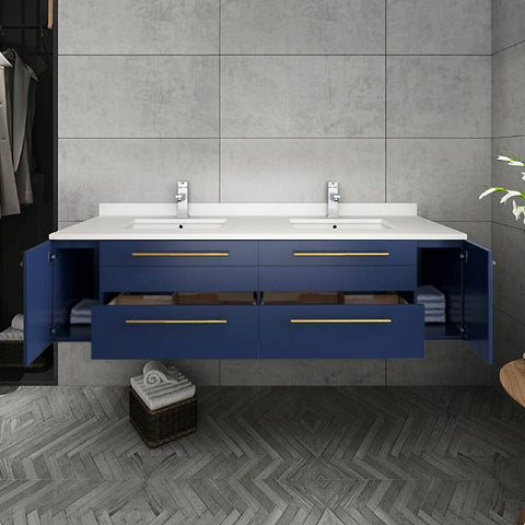Image of Fresca Lucera Modern 60" Royal Blue Wall Hung Double Undermount Sink Bathroom Vanity Set | FVN6160RBL-UNS-D FVN6160RBL-UNS-D
