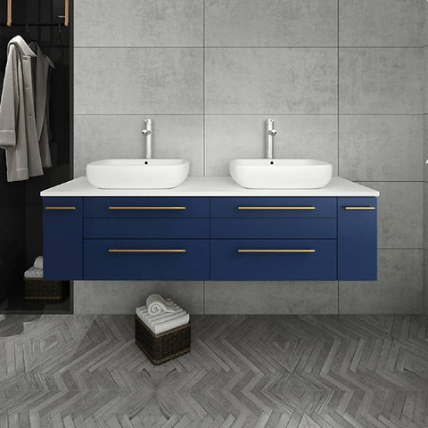 Image of Fresca Lucera Modern 60" Royal Blue Wall Hung Double Vessel Sink Bathroom Cabinet | FCB6160RBL-VSL-D FCB6160RBL-VSL-D