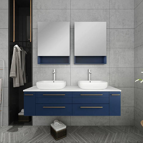 Image of Fresca Lucera Modern 60" Royal Blue Wall Hung Double Vessel Sink Bathroom Cabinet | FCB6160RBL-VSL-D FCB6160RBL-VSL-D