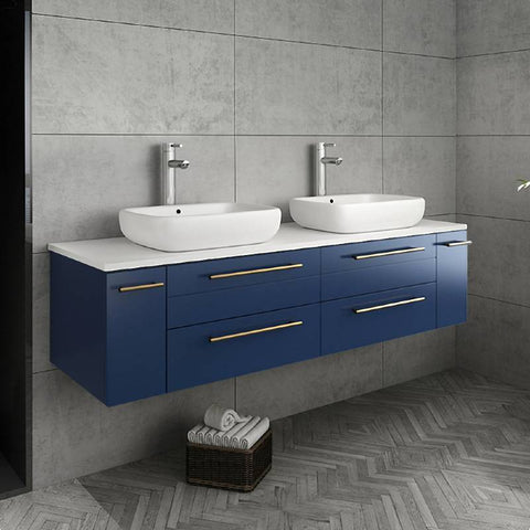 Image of Fresca Lucera Modern 60" Royal Blue Wall Hung Double Vessel Sink Bathroom Vanity | FCB6160RBL-VSL-D-CWH-V