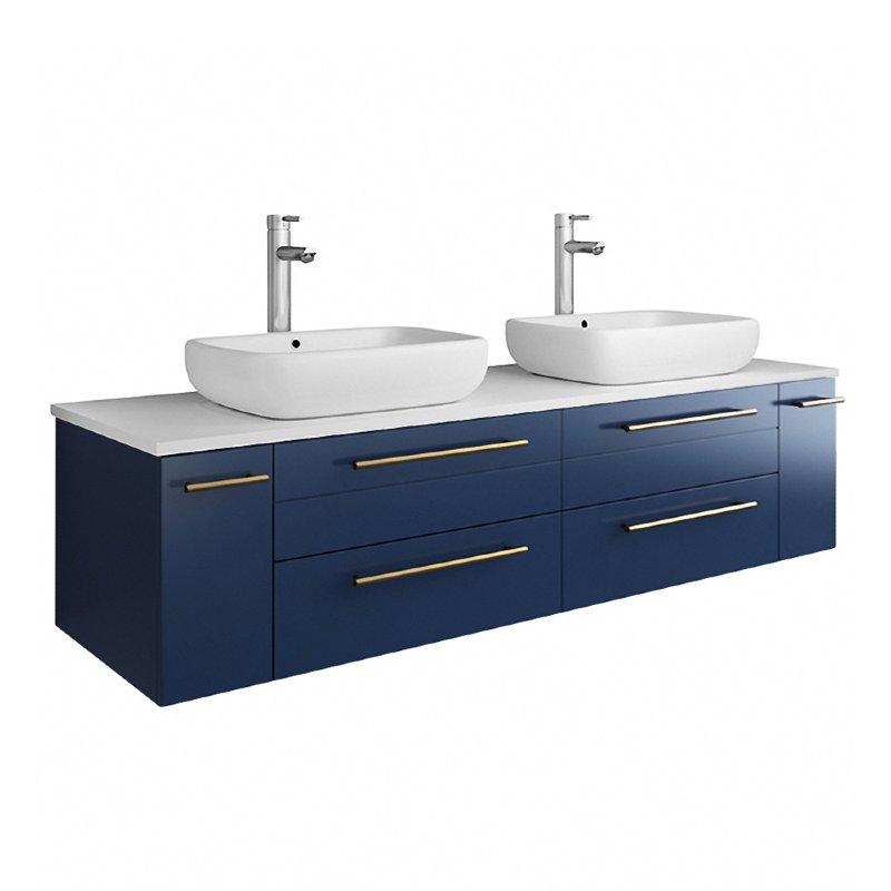 Fresca Lucera Modern 60" Royal Blue Wall Hung Double Vessel Sink Bathroom Vanity | FCB6160RBL-VSL-D-CWH-V FCB6160RBL-VSL-D-CWH-V