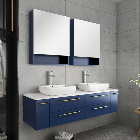 Image of Fresca Lucera Modern 60" Royal Blue Wall Hung Double Vessel Sink Bathroom Vanity | FCB6160RBL-VSL-D-CWH-V FCB6160RBL-VSL-D-CWH-V