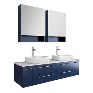 Fresca Lucera Modern 60" Royal Blue Wall Hung Double Vessel Sink Bathroom Vanity Set | FVN6160RBL-VSL-D