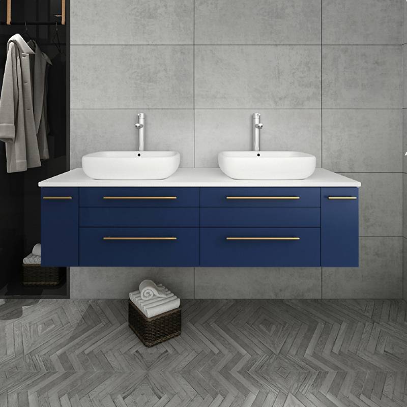 Fresca Lucera Modern 60" Royal Blue Wall Hung Double Vessel Sink Bathroom Vanity Set | FVN6160RBL-VSL-D FVN6160RBL-VSL-D