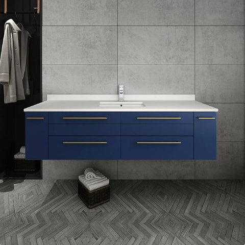 Image of Fresca Lucera Modern 60" Royal Blue Wall Hung Undermount Sink Bathroom Vanity Set |FVN6160RBL-UNS