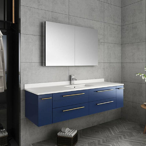 Image of Fresca Lucera Modern 60" Royal Blue Wall Hung Undermount Sink Bathroom Vanity Set |FVN6160RBL-UNS
