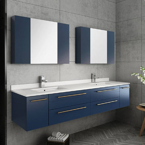 Image of Fresca Lucera Modern 72" Royal Blue Wall Hung Double Undermount Sink Bathroom Vanity | FCB6172RBL-UNS-D-CWH-U