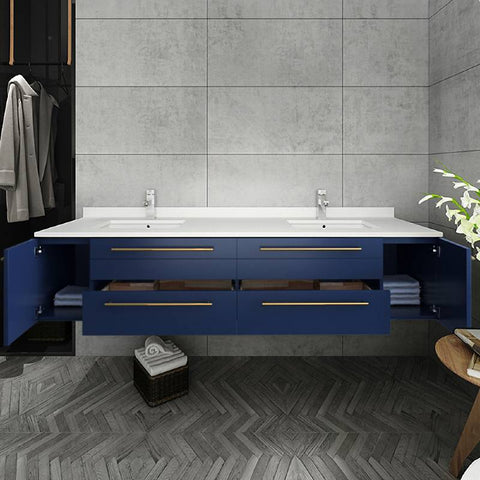 Image of Fresca Lucera Modern 72" Royal Blue Wall Hung Double Undermount Sink Bathroom Vanity | FCB6172RBL-UNS-D-CWH-U