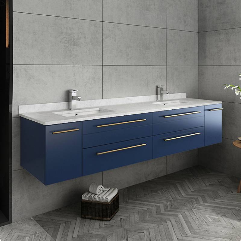 Fresca Lucera Modern 72" Royal Blue Wall Hung Double Undermount Sink Bathroom Vanity Set | FVN6172RBL-UNS-D