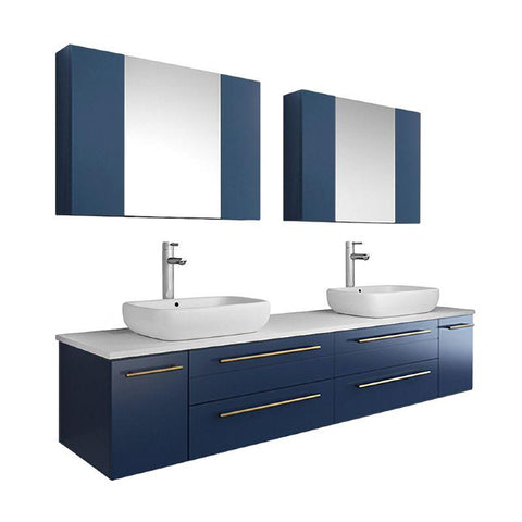 Image of Fresca Lucera Modern 72" Royal Blue Wall Hung Double Vessel Sink Bathroom Vanity Set | FVN6172RBL-VSL-D FVN6172RBL-VSL-D