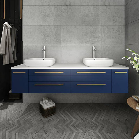 Image of Fresca Lucera Modern 72" Royal Blue Wall Hung Double Vessel Sink Bathroom Vanity Set | FVN6172RBL-VSL-D FVN6172RBL-VSL-D