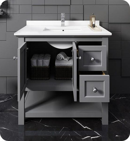 Image of Fresca Manchester 36" Gray Traditional Bathroom Cabinet w/ Top & Sink | FCB2336GR-CWH-U