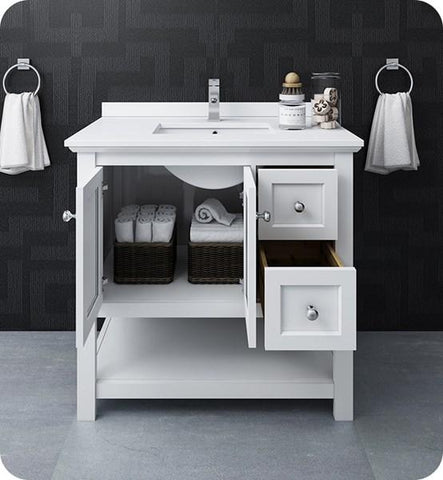 Image of Fresca Manchester 36" White Traditional Bathroom Cabinet w/ Top & Sink | FCB2336WH-CWH-U