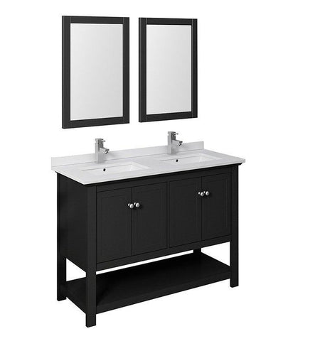 Image of Fresca Manchester 48" Black Double Sink Bath Bowl Vanity Set w/ Mirrors/Faucet FVN2348BL-D-FFT1030BN