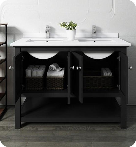 Image of Fresca Manchester 48" Black Traditional Double Sink Bathroom Cabinet w/ Top & Sinks | FCB2348BL-D-CWH-U FCB2348BL-D-CWH-U