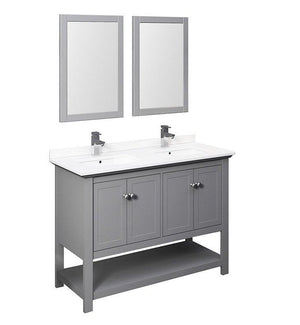Fresca Manchester 48" Gray Double Sink Bath Bowl Vanity Set w/ Mirrors & Faucet FVN2348GR-D-FFT1030BN