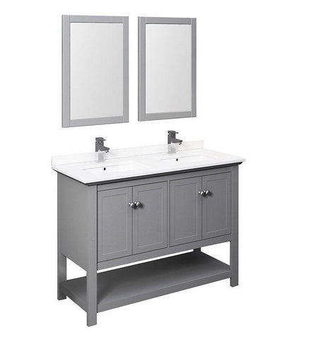 Image of Fresca Manchester 48" Gray Double Sink Bath Bowl Vanity Set w/ Mirrors & Faucet FVN2348GR-D-FFT1030BN