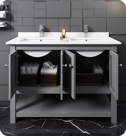 Image of Fresca Manchester 48" Gray Traditional Double Sink Bathroom Cabinet w/ Top & Sinks | FCB2348GR-D-CWH-U FCB2348GR-D-CWH-U