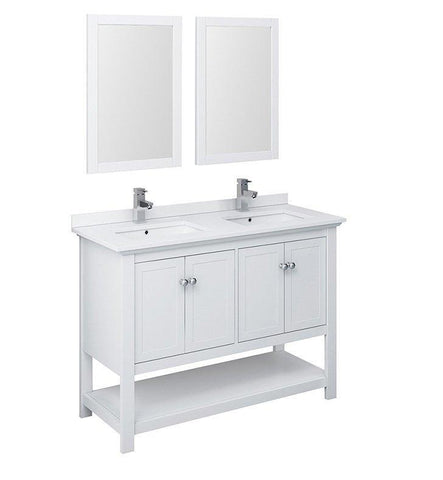 Image of Fresca Manchester 48" White Double Sink Bath Bowl Vanity Set w/ Mirrors/Faucet FVN2348WH-D-FFT1030BN