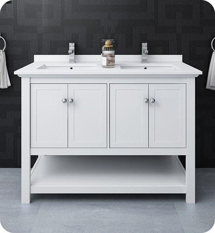 Image of Fresca Manchester 48" White Traditional Double Sink Bathroom Cabinet w/ Top & Sinks | FCB2348WH-D-CWH-U