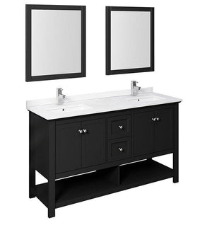 Fresca Manchester 60" Black Double Sink Bath Bowl Vanity Set w/ Mirrors/Faucet FVN2360BL-D-FFT1030BN