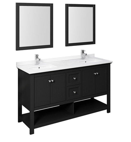 Image of Fresca Manchester 60" Black Double Sink Bath Bowl Vanity Set w/ Mirrors/Faucet FVN2360BL-D-FFT1030BN