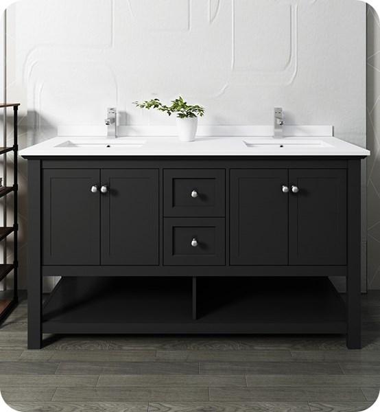 Fresca Manchester 60" Black Traditional Double Sink Bathroom Cabinet w/ Top & Sinks | FCB2360BL-D-CWH-U