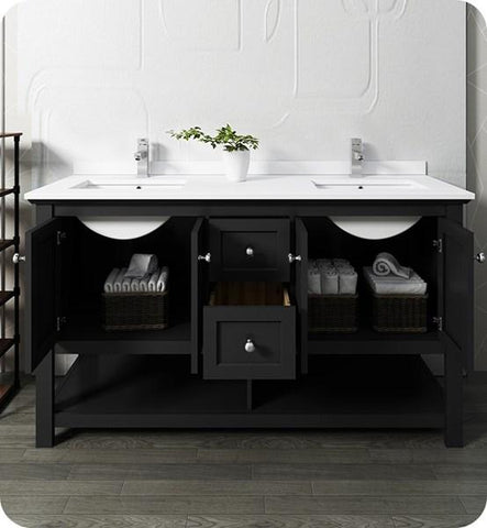Image of Fresca Manchester 60" Black Traditional Double Sink Bathroom Cabinet w/ Top & Sinks | FCB2360BL-D-CWH-U