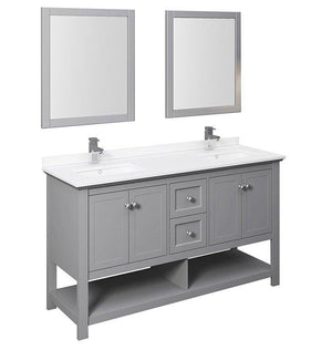 Fresca Manchester 60" Gray Double Sink Bath Bowl Vanity Set w/ Mirrors & Faucet FVN2360GR-D-FFT1030BN