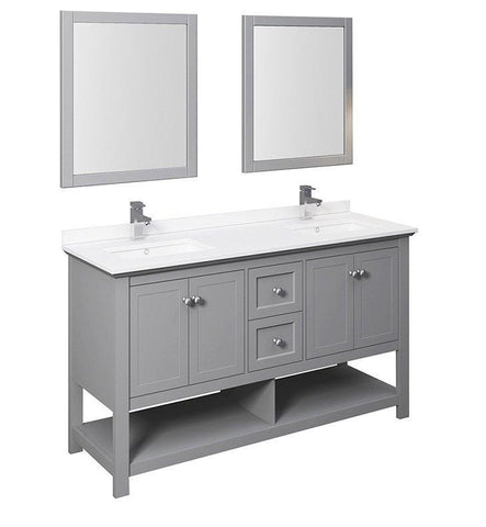 Image of Fresca Manchester 60" Gray Double Sink Bath Bowl Vanity Set w/ Mirrors & Faucet FVN2360GR-D-FFT1030BN