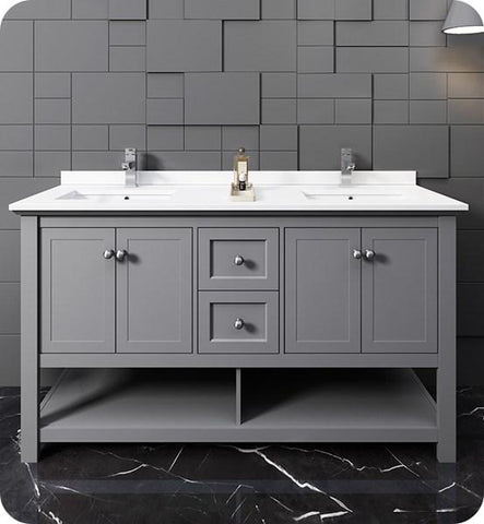 Image of Fresca Manchester 60" Gray Traditional Double Sink Bathroom Cabinet w/ Top & Sinks | FCB2360GR-D-CWH-U FCB2360GR-D-CWH-U