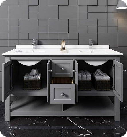 Image of Fresca Manchester 60" Gray Traditional Double Sink Bathroom Cabinet w/ Top & Sinks | FCB2360GR-D-CWH-U FCB2360GR-D-CWH-U