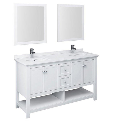 Image of Fresca Manchester 60" White Double Sink Bath Bowl Vanity Set w/ Mirrors/Faucet FVN2360WH-D-FFT1030BN