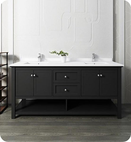 Image of Fresca Manchester 72" Black Traditional Double Sink Bathroom Cabinet w/ Top & Sinks | FCB2372BL-D-CWH-U