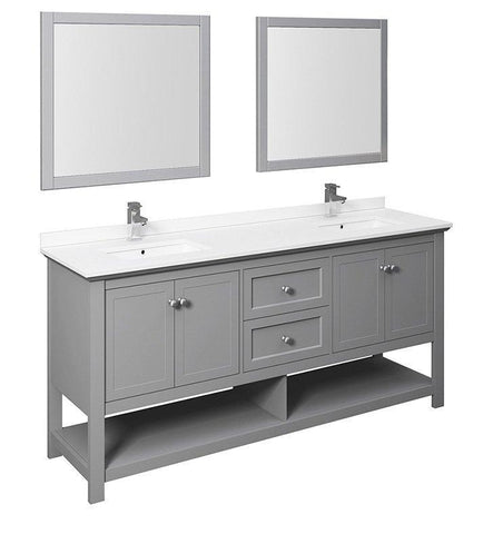 Image of Fresca Manchester 72" Gray Double Sink Bath Bowl Vanity Set w/ Mirrors & Faucet FVN2372GR-D-FFT1030BN