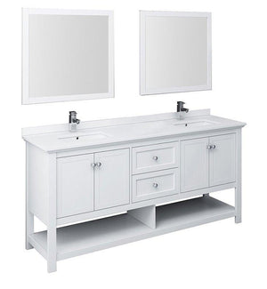 Fresca Manchester 72" White Double Sink Bath Bowl Vanity Set w/ Mirrors/Faucet FVN2372WH-D-FFT1030BN