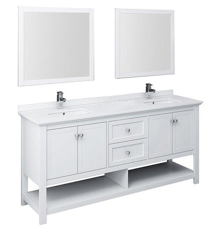 Image of Fresca Manchester 72" White Double Sink Bath Bowl Vanity Set w/ Mirrors/Faucet FVN2372WH-D-FFT1030BN